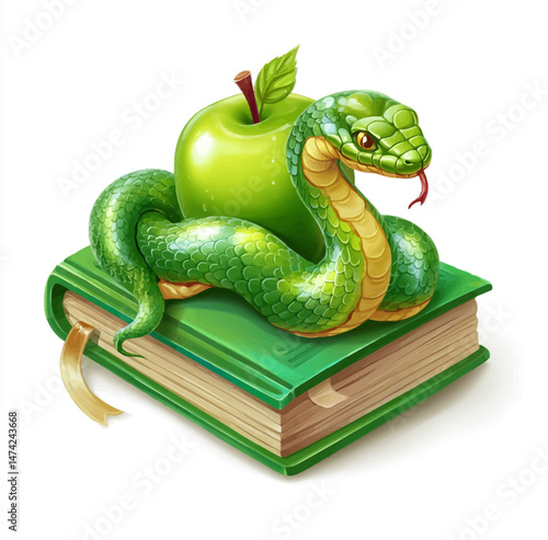 A vivid green book rests on a flat surface, with a shiny apple placed on top and a playful green snake coiling around it. The snake's tongue flicks out, adding a sense of liveliness.