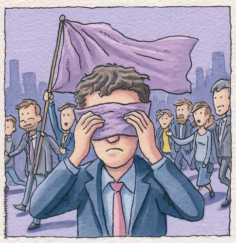 In a crowded urban setting, an angry man stands blindfolded amidst a march. Others around him carry signs and express strong emotions, highlighting the urgency of their cause.