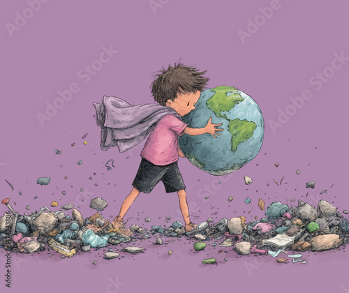 A young boy with a cape carries the globe on his back, navigating a strewn path covered with various remnants. His determination shines in this thought-provoking moment.