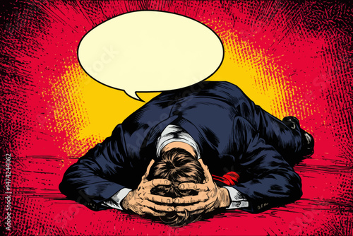 A man in a suit lies face down on the floor with his head resting on his arms, suggesting exhaustion or stress. The colorful background emphasizes his distressing situation.