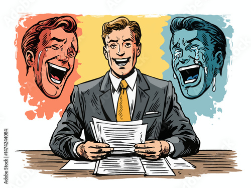 A man dressed in a formal suit is seated at a desk, holding two theatrical masks that symbolize comedy and tragedy. He appears joyful while engaging with the audience.