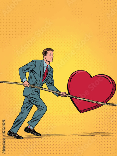 A man dressed in a formal suit is pulling a large red heart with a rope, displaying strength and emotional effort. The vibrant yellow background adds a cheerful touch to the scene.