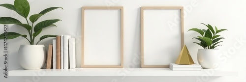 White shelf with brown wooden frames, books, plants, gold pyramid, minimalist decor , wooden shelf, home accessories