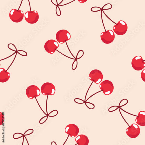 Cherry berry seamless pattern. Juicy summer vector background with cherries and bows. Fruity sweet food illustration allover repeat print. Bright yummy wallpaper
