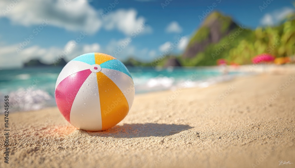 Vibrant beach ball on sandy shore Vibrant beach ball on sandy shore