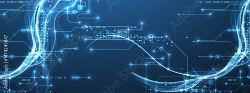 Abstract data wave with futuristic circuit lines. Technology concept. Vector