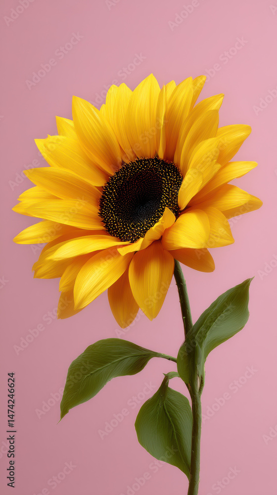 Fototapeta premium A vibrant, single sunflower with bright yellow petals and a dark center gracefully extends upward against a soft pink backdrop, creating a cheerful composition.