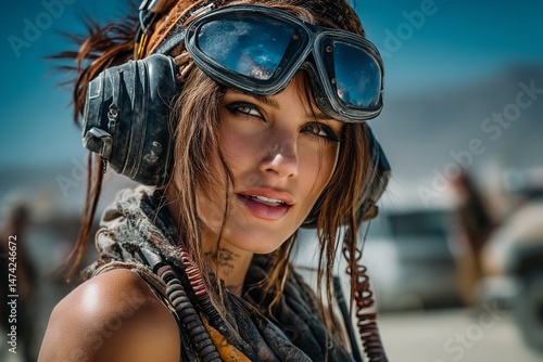 Attractive woman in a weird cyberpunk costume during the annual Burning Man desert event. Generative Ai