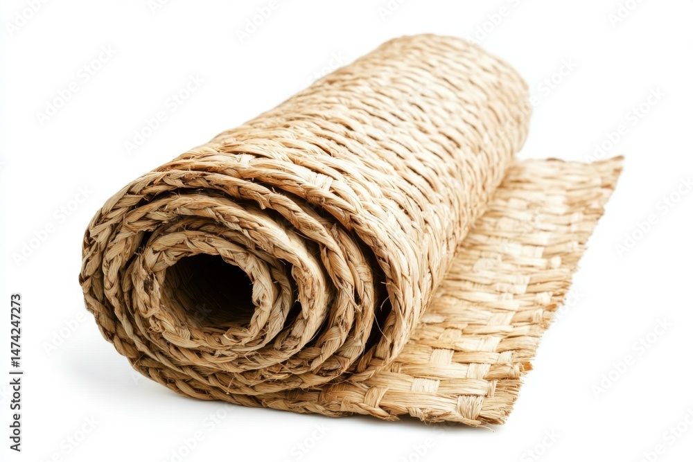 Obraz premium Rolled-up woven straw mat with natural finish isolated on white background, eco-friendly textured floor covering or picnic accessory