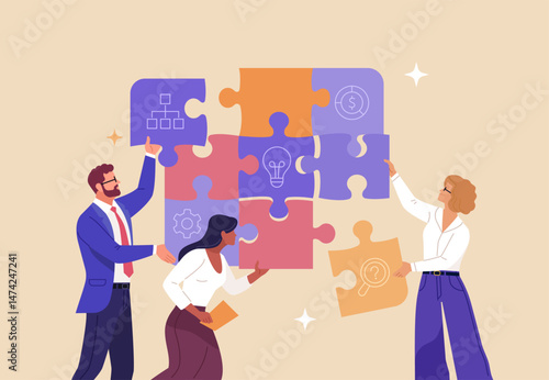 Business Teamwork concept. Contemporary flat style abstract vector illustration of diverse people putting together puzzle details. Isolated on background.