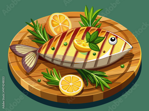 vector of Grilled swordfish steak garnished with rosemary and a lemon wedge, served on a wooden plate.