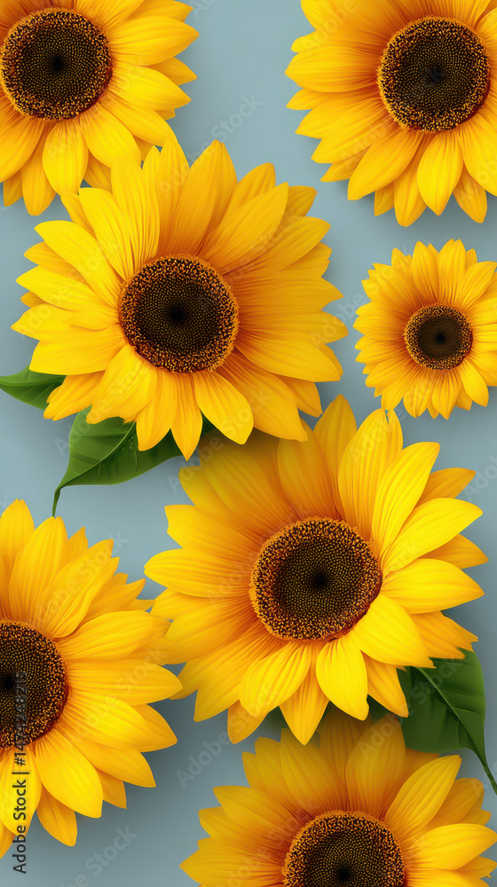 Obraz premium A bright and cheerful arrangement of sunflowers with vibrant yellow petals and dark centers creates a summery and uplifting mood on a pale blue background.