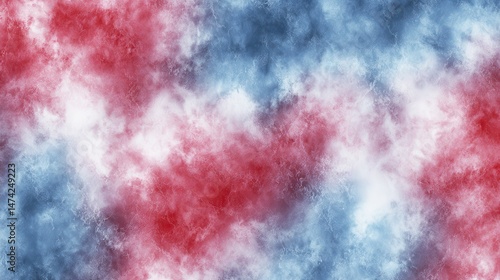 A 4K photo of abstract tiedye pattern in red, white and blue colors for USA patriotic party decor on fabric background.