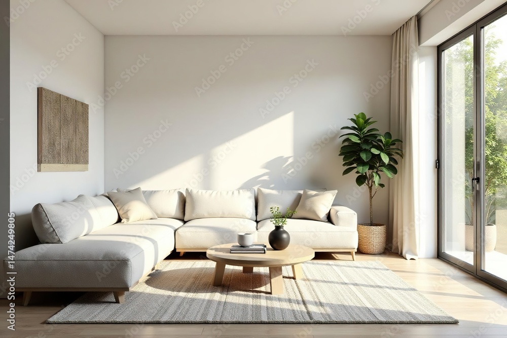 Fototapeta premium Serene minimalist living room Neutral tones, simple furniture, natural light , clean, peaceful, living room