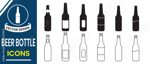 Beer bottle icon, vector. Wine bottle and glass icon, vector. Champagne bottle and glass icon vector. Silhouette of bottle, out line glass symbol and sign. Beer, alcohol, wine bottle bottle Vector 