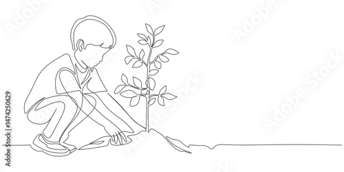 Continuous single line sketch drawing of watering can plant tree seedling growth. One line art of nature agriculture farming