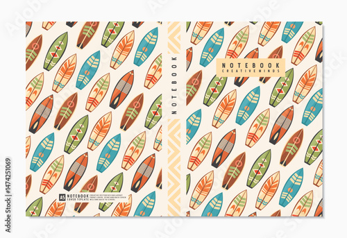 Notebook graphic design template with surfing boards pattern. Surfboards creative notebook covers idea. Vector illustration.
