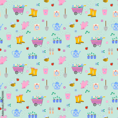 Seamless kawaii pattern with colorful gardening tools, flowers, and cute bees. Playful vector design perfect for spring-themed textiles, kids wallpaper, and wrapping paper