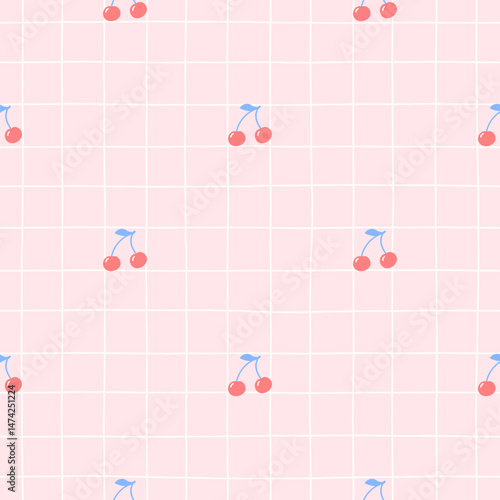 Seamless pattern with juicy cherries and cute berries in vibrant colors. A minimal kawaii vector design with a gingham background, perfect for summer picnic-themed textiles and spring prints