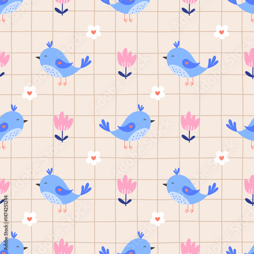 Seamless kawaii pattern with cute sparrows and flowers. Perfect for spring and summer nursery designs, kids apparel, and cozy room decor