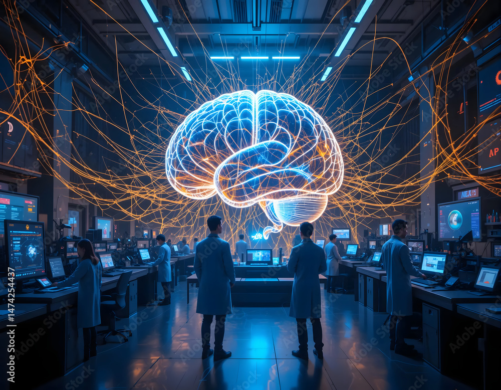 Obraz premium Futuristic AI Laboratory – Holographic Brain & Neural Networks Visualization