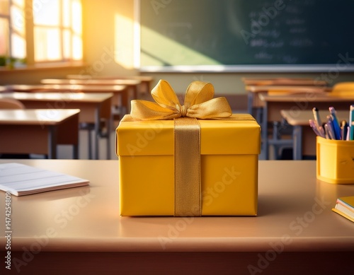 warmly lit classroom features a cheerful yellow gift box on the teacher s desk