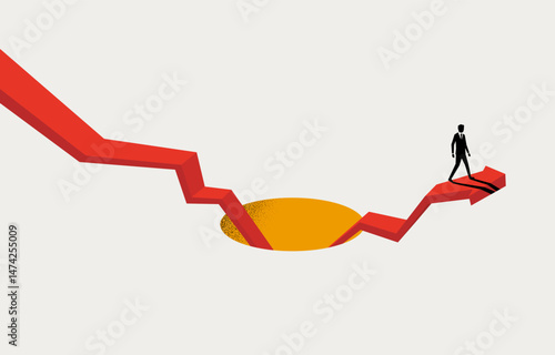 Businessman walking on rising graph that fell into pit before, business struggle, overcoming financial depression concept, minimal business design.
