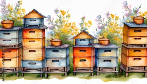 seamless pattern watercolor beehives on white background drawing abstract illustration