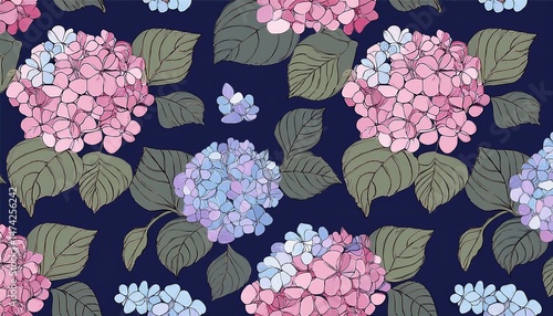 floral seamless pattern with hydrangea flowers on dark blue background image for textile wallpaper and fashion prints