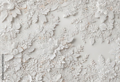 Delicate white lace overlay, intricate floral pattern, textured background , trim, vintage style, floral