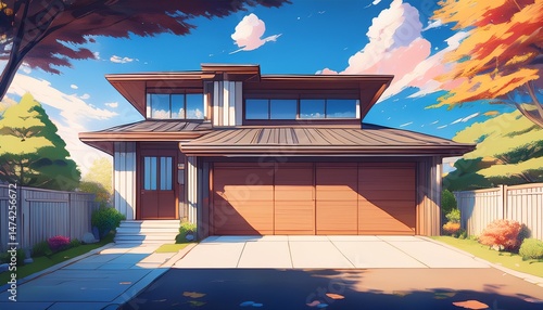 japanese anime style painting modern suburban house with a garage illustration daylight view