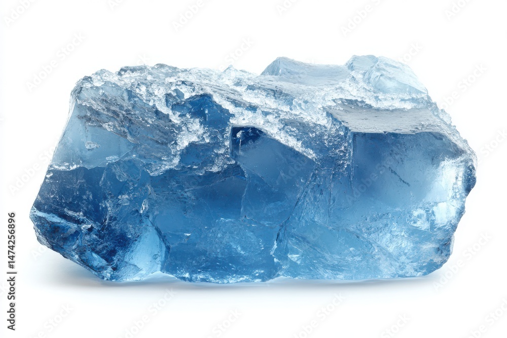 Fototapeta premium Rough blue ice block with frosty surface and natural cracks isolated on white background, cool textured frozen cube