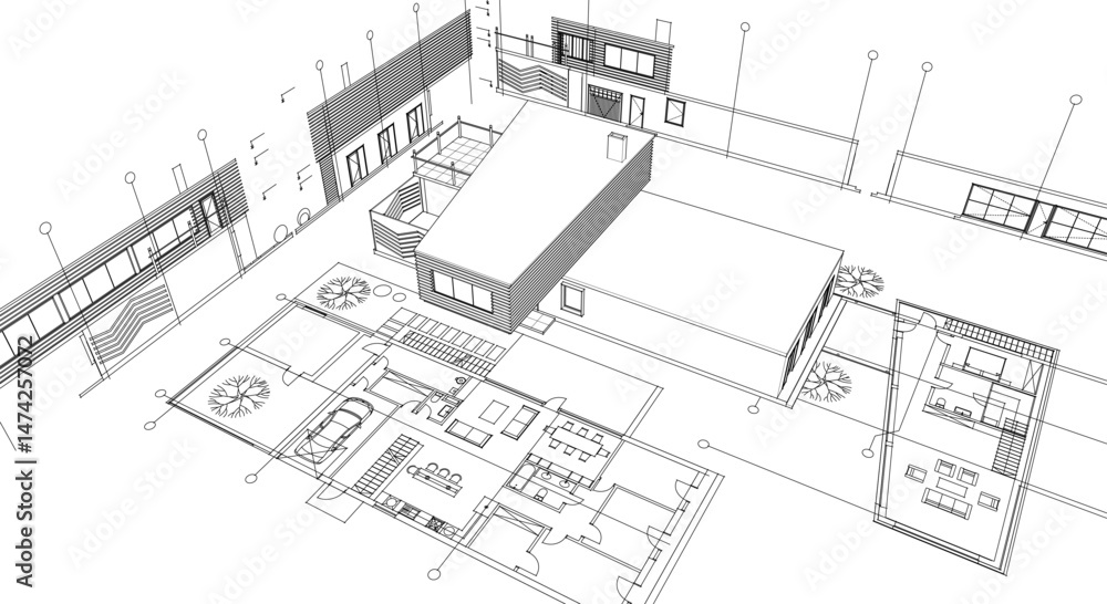 architecture concept sketch housing 3d illustration architecture concept sketch housing 3d illustration