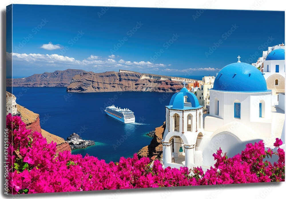 Fototapeta premium Blue Domed Church White Buildings and Cruise Ship in Oia, Santorini Island, Greece