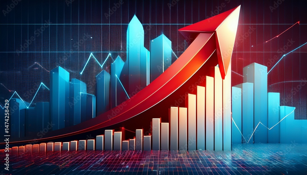 Naklejka premium graph with upward arrow a 3d graph with a bold red arrow pointing upwards surrounded by financial data and market analysis charts visualizing economic growth