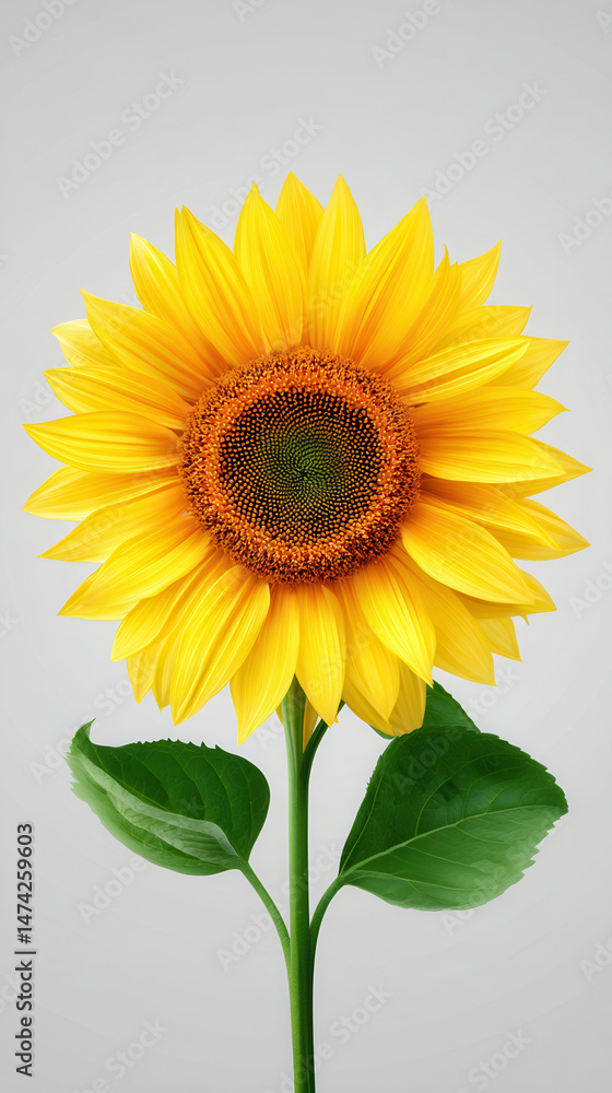 Obraz premium A vibrant yellow sunflower with a dark brown center, green stem, and leaves stands elegantly against a soft grey background, radiating warmth and natural beauty.