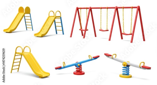 Colorful Playground Equipment Featuring Swings, Slides, and See-saws