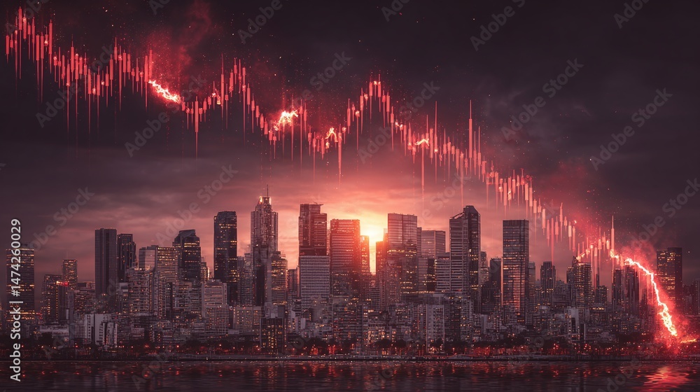 Obraz premium Downtown City Financial Crisis: An image portraying a city skyline overlaid with a declining stock chart, symbolizing economic downturn and uncertainty.