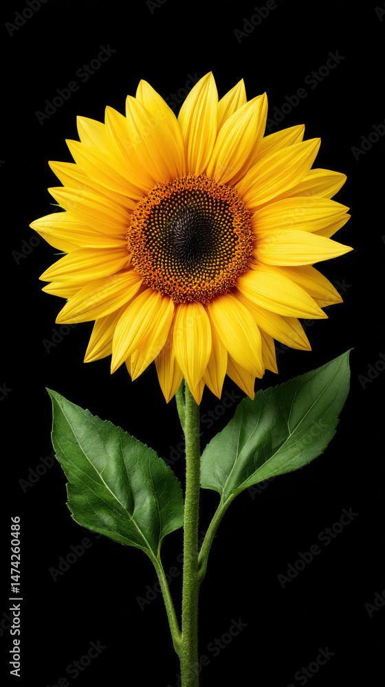 Obraz premium A vibrant sunflower with bright yellow petals and a dark brown center stands tall against a stark black background, showcasing its natural beauty and form today.