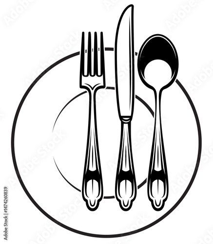 Classic fork knife and spoon illustration in monochrome. Minimalist cutlery design with a modern twist.
