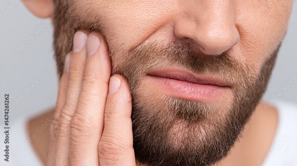 Fototapeta premium Man experiencing facial pain, possibly toothache or jaw issue. Hand on cheek indicates discomfort. Focus on dental or nerve-related health concern.