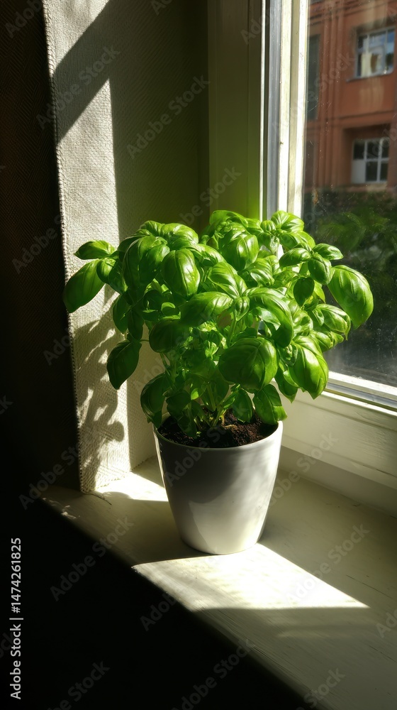 Potted basil plant on a windowsill with sunlight shining through the window. Potted basil plant on a windowsill with sunlight shining through the window.