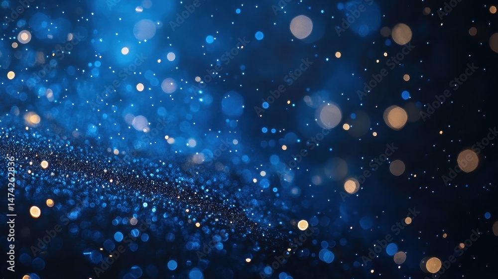 Obraz premium Blurred bokeh lights sparkle in a dark blue and gold abstract texture. Ideal for backgrounds, holiday themes, and adding magical elements.