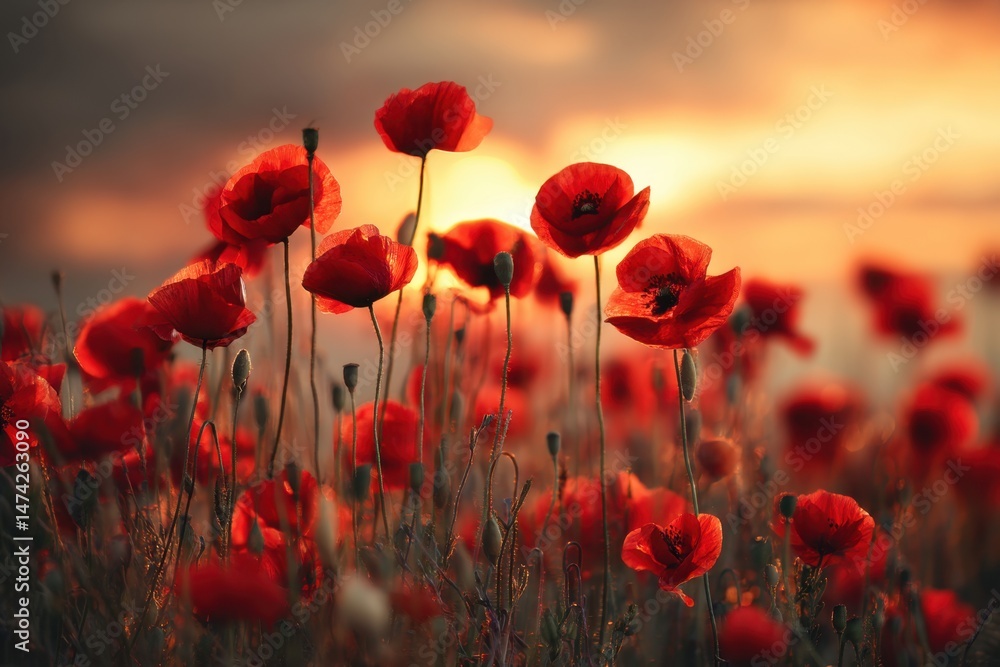 Obraz premium Field of red poppies during golden sunset