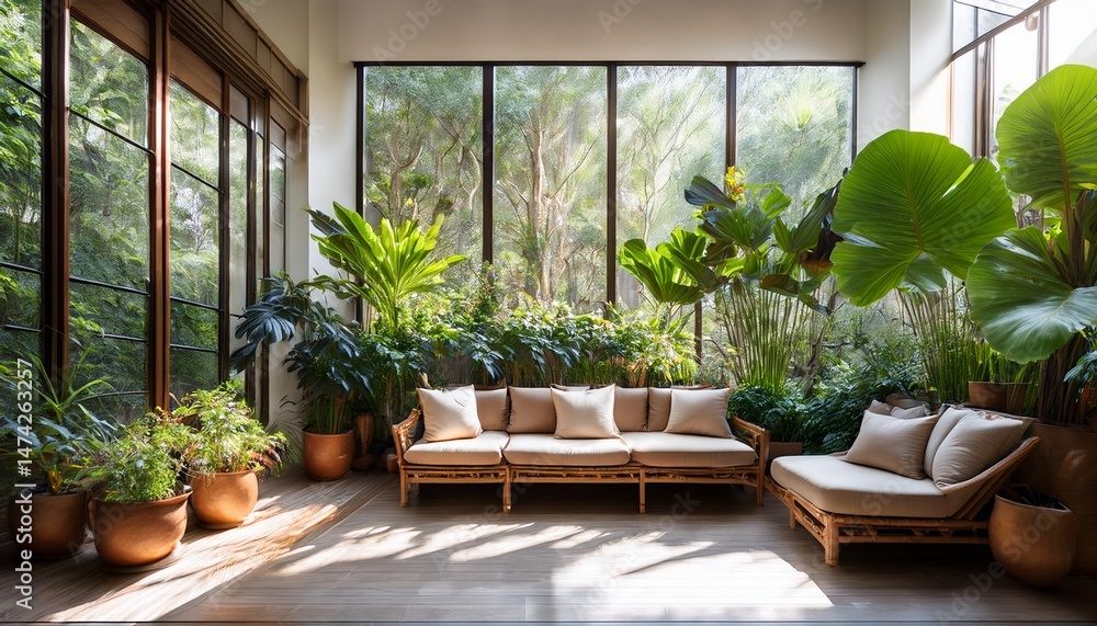 comfortable seating area with plants and natural light creating a serene indoor garden atmosphere comfortable seating area with plants and natural light creating a serene indoor garden atmosphere