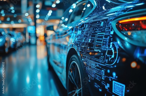 Dark Car with Glowing Blue Circuit Overlay in Dimly Lit Showroom