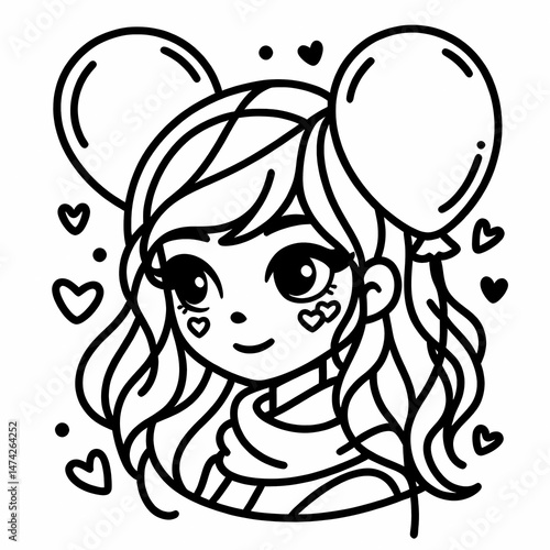 Cute Girl with Balloons and Hearts Illustration