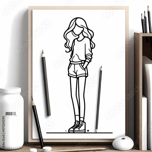 Stylish Line Art of a Young Woman in Casual Outfit