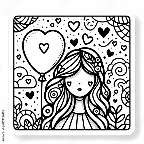 Whimsical Girl with Heart Balloon in Black and White Doodle Art