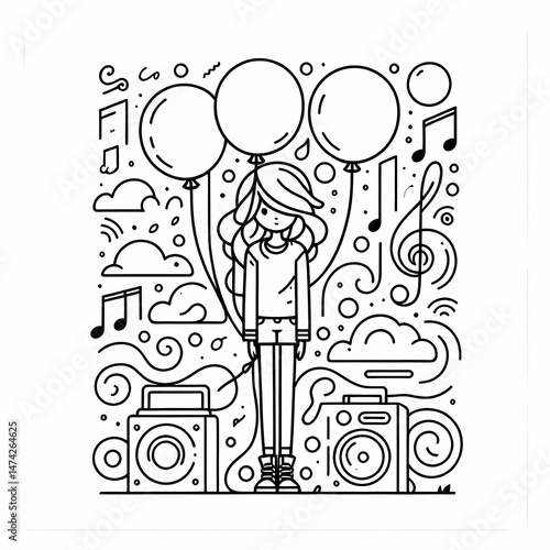 Girl with Balloons and Music Notes Illustration